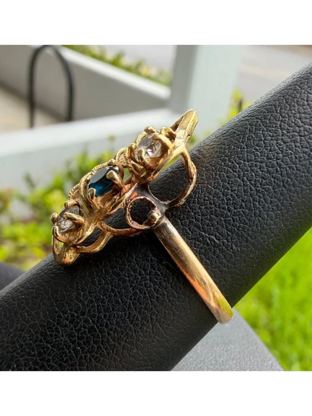 Jewelry 18k yellow gold 0.60CTW White CZ Stone Blue Sapphire ring sz 9.00
